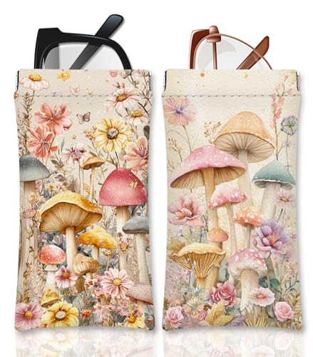 Eyeglasses Sunglasses Case PU Soft Squeeze Top Glasses Pouch for Women Student,Floral Pattern Portable Anti Scratch - color: Pink-mushroom02
