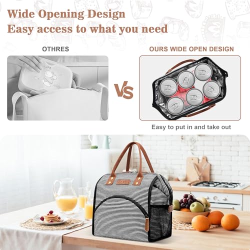 LOKASS Lunch Bag Insulated Lunch Box Wide-Open Lunch Tote Bag Large Drinks Holder Durable Canvas Thermal Snack Organizer for Women Men Adults Work Picnic Hiking Beach Fishing,Stripes - color: Classic Stripe