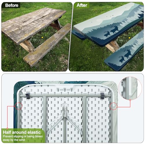 Picnic Table Cover with Bench Covers 6FT 3 Pcs Waterproof Windproof Aesthetic Camping Tablecloth with Drawstring Bag, Fitted for 6 Foot Rectangle Tables and Seats, 72 inch, Blue Deer Forest - color: Blue Deer Forest