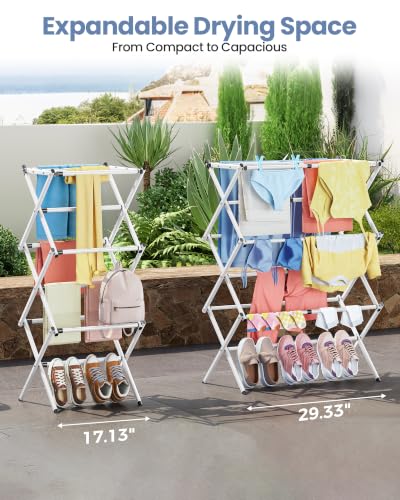 APEXCHASER Oversize Clothes Drying Rack, 3-Tier Drying Rack Clothing, Expandable Metal Laundry Drying Rack, Air Drying Rack, Clothes Rack, No install, 24lb Capacity, 14.9" D x 29.3" W x 39.3" H, White - color: White
