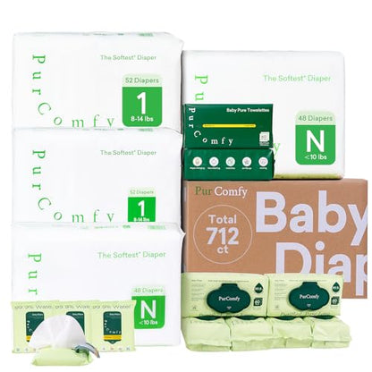 PurComfy Baby Diapers Essential Kit, Size N (96Ct) & Size 1 Diapers (104Ct), 6 Water Wipes (360Ct), 4 Travel Wipes (32Ct) and 2 Dry Wipes(120Ct), Baby Essentials Kit for Sensitive Skin, Total 712 Ct - size: Size N(96)+1(104)+Wipes(360ct)+Dry Wipes(120ct)