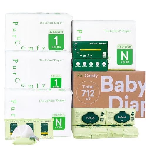 PurComfy Baby Diapers Essential Kit, Size N (96Ct) & Size 1 Diapers (104Ct), 6 Water Wipes (360Ct), 4 Travel Wipes (32Ct) and 2 Dry Wipes(120Ct), Baby Essentials Kit for Sensitive Skin, Total 712 Ct - size: Size N(96)+1(104)+Wipes(360ct)+Dry Wipes(120ct)