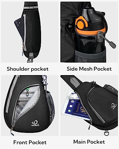 WATERFLY Crossbody Sling Bag Small Water Resistant Backpack Lightweight Shoulder Chest Daypack for Men Women Hiking Travel - color: Black/W