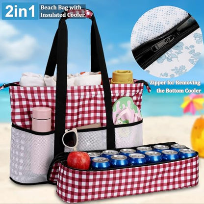 JIANYA Beach Bag Women Waterproof Sandproof Beach Tote Bags with Cooler Top Zipper Large Totes for Pool Travel Daily - color: Red Checked Pattern