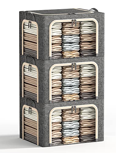 3 Opeings Large Clothes Storage Bins with Metal Frame, Foldable Storage Bin for Clothes, Clothing Storage Bins with Lid, Linen Storage Box With Clear Window＆ Zippers＆ Handles.(3 Pcs,Dark Grey,66L) - color: Light Grey, size: Large-(19.7 x 15.7 x 13)ines