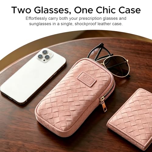 KINIVA Double Eyeglass Case for Men Women, 2-in-1 PU Dual Sunglasses Case, Scratch-Proof Travel Eyeglass Holder for Purse Car - style: Pink Woven