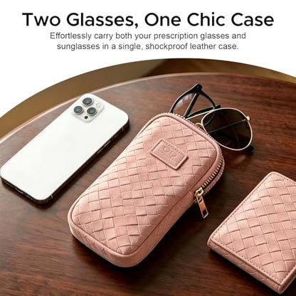 KINIVA Double Eyeglass Case for Men Women, 2-in-1 PU Dual Sunglasses Case, Scratch-Proof Travel Eyeglass Holder for Purse Car - style: Pink Woven