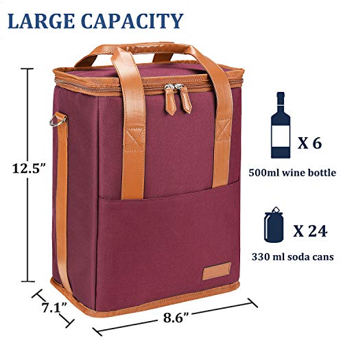 Tirrinia 6 Bottle Wine Gift carrier - Insulated & Padded Wine Carrying Cooler Tote Bag with Handle and Adjustable Shoulder Strap for Travel or Picnic, IDEAL Wine Lover Gift, Wine - color: Red