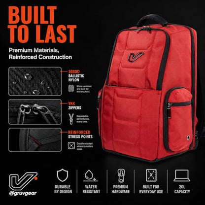 Gruv Gear Travel Laptop Backpack, 20L Red Tech Backpack with Modular Storage Shelves, Dual Access Pockets & TSA-Friendly Design, Compact Carry-On Backpack for Work, Travel & Everyday Carry - color: Red/Carbon Fiber