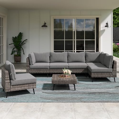 LAUSAINT HOME Outdoor Patio Furniture, 7 Piece Outdoor Sectional Sofa PE Rattan Wicker Patio Conversation Sets, All Weather Patio Furniture Set with Thick Cushions for Garden, Backyard (Grey) - color: Grey, size: 7 PCS
