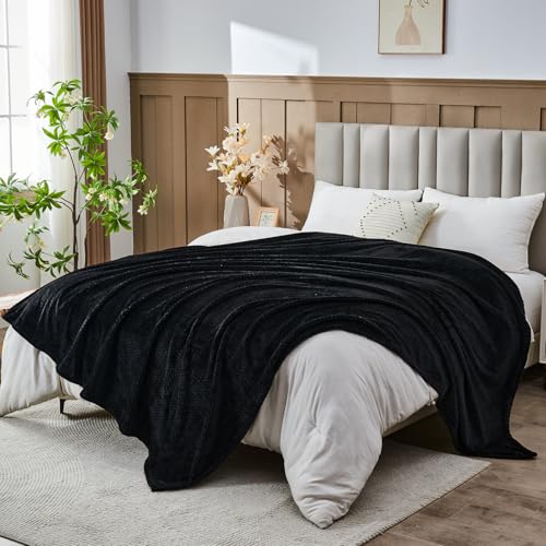 NEWCOSPLAY Super Soft King Blanket Black Premium Silky Flannel Fleece Leaves Pattern Lightweight Bed Blanket All Season Use (Black, King(90"x110")) - color: Black, size: King(90"x110")