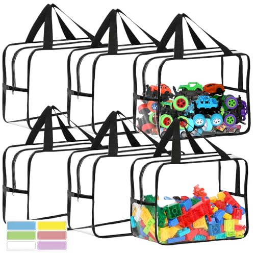 6 Packs Widen X-Large Toy Storage Bags 12.6×9.25×6.9In with Labels, Reusable Clear PVC Board Game Storage, Travel Waterproof Organizer Bags with Zipper for Building Blocks, Puzzle, Stuffed Animals - color: black, size: X-Large
