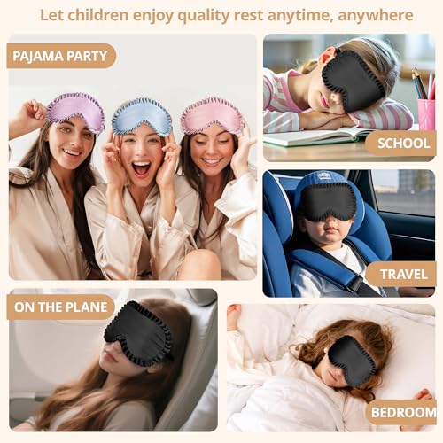 Kids Sleep Mask, 100% Real Mulberry Silk Eye Mask, Sleeping Mask for Kids with Adjustable Elastic Band, Soft & Light Blocking Eye Cover Gift for Boys Girls Teens Age 5+ (Black) - color: Black
