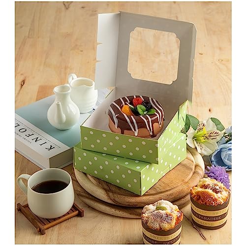 20 Pack Bakery Boxes with Window Small 6x6x2 inch for Cookie, Candy, Pastry, Brownie, Chiffon Cake, Tart, Pie, Waffle (Green-Polka Dot) - color: Green-Polka Dot