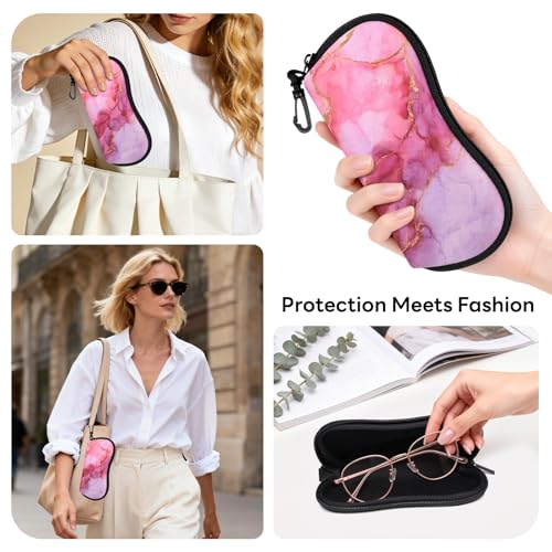 Sunglasses Case with Belt Clip, Ultra Light Neoprene Zipper Soft Padded Glasses Case for Women Men - color: Pink Marble