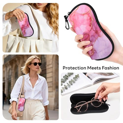 Sunglasses Case with Belt Clip, Ultra Light Neoprene Zipper Soft Padded Glasses Case for Women Men - color: Pink Marble