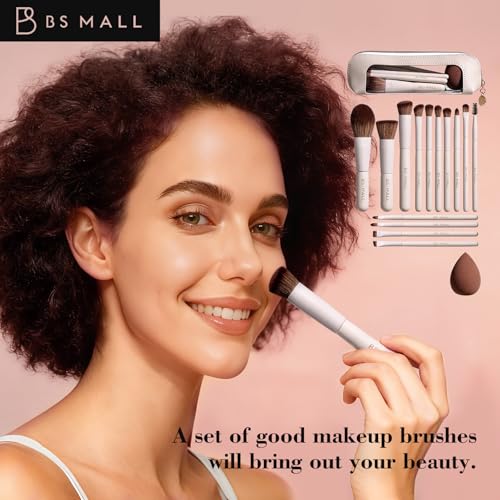 BS-MALL 14 Pcs Makeup Brushes Set with 1 Pcs Makeup Sponge – Essential Foundation Powder Concealers, Eye Shadows, Blush Makeup Brushes with Travel Makeup Case (Beige) - color: Beige
