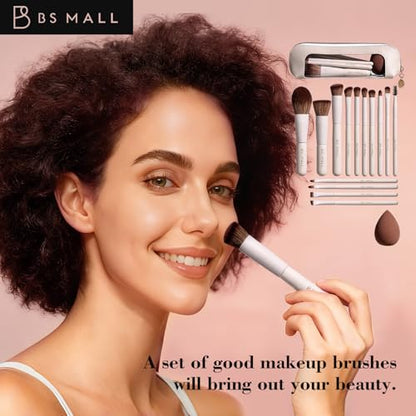 BS-MALL 14 Pcs Makeup Brushes Set with 1 Pcs Makeup Sponge – Essential Foundation Powder Concealers, Eye Shadows, Blush Makeup Brushes with Travel Makeup Case (Beige) - color: Beige
