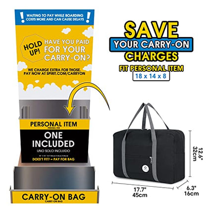 For Spirit Airlines Personal Item Bag Foldable Travel Duffel Bag Tote Carry on Luggage Duffle Overnight for Women and Men - color: 1112 Black