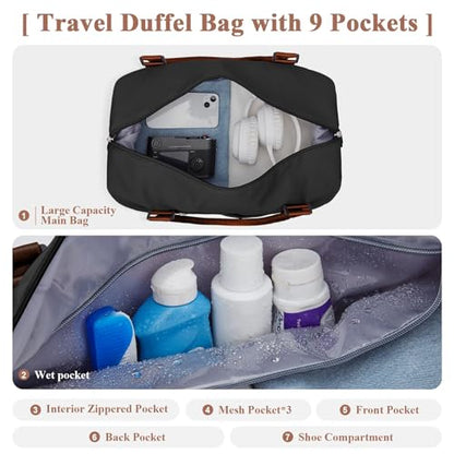 Travel Duffel Bag with Shoes Compartment, Overnight Weekender Bags for Women,Carry on Personal Item Bag，Extra Large - color: A-Black & Brown, size: Extra Large