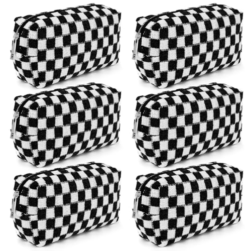 SOIDRAM Checkered Makeup Bag Preppy Cosmetic Bag Bulk Black Makeup Pouch Personalize Travel Toiletry Bag Organizer Cute DIY Makeup Brushes Storage Bag for Women - color: Black, size: 6 Pack