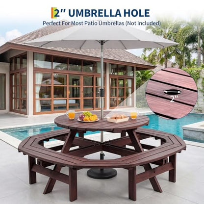 Garvee 8 Person Wooden Picnic Table, Outdoor Picnic Tables with 4 Built-in Benches, Circular Camping Dining Table and Chairs Set with Umbrella Hole for Garden, Patio, Backyard, Walnut Brown
