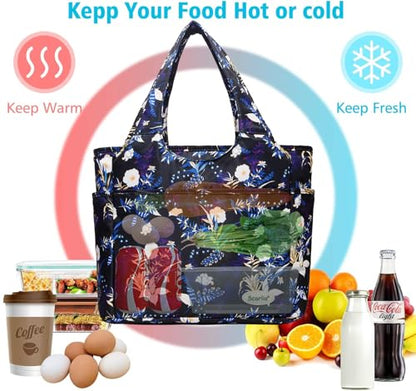 Extra Large Insulated Lunch Tote Bag for Women Men, Leakproof Cooler Lunch Box Shoulder Purse with Side Pockets for Work - Blue Flower - color: Blue flower