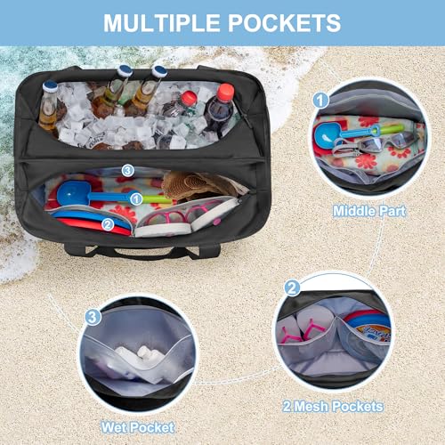 Yarwo Beach Bag for Women, Sandproof Swim Tote Bag with Cooler Compartment and Wet & Dry Pockets for Pool Cruise Vacation - color: Black