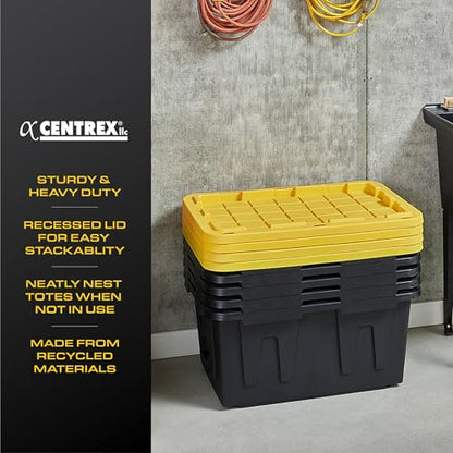 CX Black & Yellow 27-Gallon Heavy Duty Stackable Storage Bins with Lids, Dorm Room Essentials, Moving Boxes, Back to School, Classroom Organization, Home Organization, 4 Pack (14.3"H x 20.6"W x 30.6"D) - size: 27 Gallon