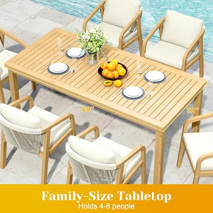 FansaFurn 3-Piece Outdoor Dining Set for 4 with 2 Benches and Cushion, All-Weather Acacia Wood Patio Table and Bench Set for Garden and Lawn, Beige