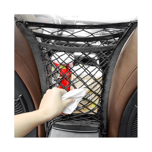 3-Layer Car Mesh Organizer, Seat Back Net Bag Stretchable Barrier of Backseat Pet Kids, Four-Side Elastic Storage Netting Pouch Cargo Tissue Purse Holder Between Front Seats - color: 3-Layer Four-Side