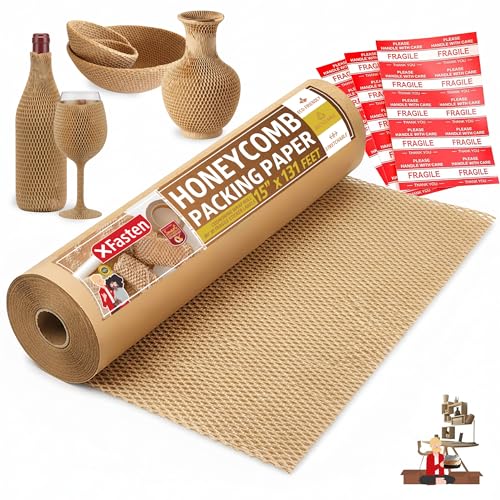 XFasten Brown Honeycomb Packing Paper for Moving 15-Inch x 131-Feet Bubble Honeycomb Wrap, Honeycomb Wrapping Paper for Packing Cushion with 30 Fragile Stickers Packaging Material - color: Brown, size: 15-Inch x 131-Feet