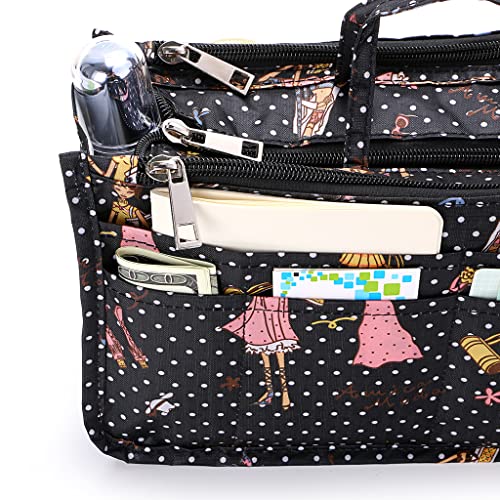 BTSKY Printing Handbag Organizers Inside Purse Insert-High Capacity 13 Pockets Bag Tote Organizer with Handle Fashion Style - color: Black+Pink