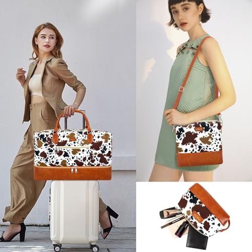 ITIEZY Weekender Overnight Bag for Women - Large Travel Duffel Bag with Shoe Compartment, Gym Duffel Bag Hospital Bag Carry On Tote Bags for Airplanes with Crossbody Bag Toiletry Bag 3Pcs Set - color: 5-Brown Cow