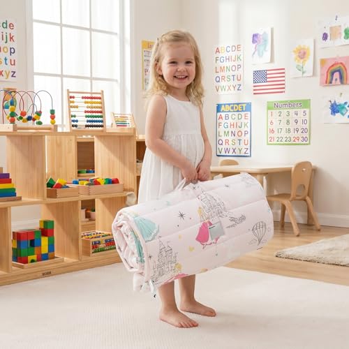 PHF Soft Toddler Nap Mat with Removable Pillow, Rollup Design Kids Sleeping Mat, Slumber Bags for Girls, 55"x23" Toddler Sleeping Bag for Daycare Preschool Travel Camping, Princesses - color: Princesses