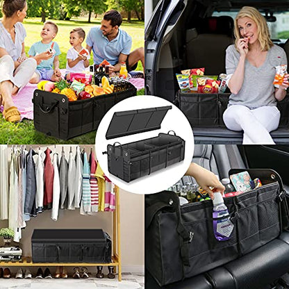 Car Trunk Organizer with Lid & Removable Leakproof Cooler Bag，Foldable Cover,Large Trunk Organizers,Multi-Compartment Collapsible Cargo Storage Organizer for SUV,Van,Truck,Sedan(3 Compartments,Black) - size: Three Compartment