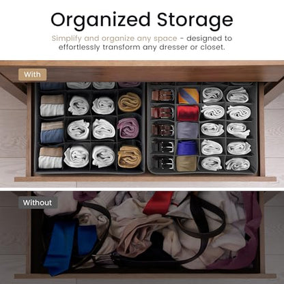 Reli. Sock Organizer (4 Pack) | 16+24 Cell Underwear Organizer | Drawer Dividers for Underwear, Socks, Ties, Belt | Foldable Fabric Storage Bins for Drawer, Closet, Dresser | 11.8 x 11.8 x 3.5 (Gray)