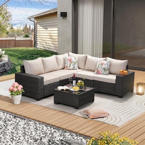 JOYURE 6 Pieces Patio Furniture Set All-Weather Outdoor Wicker Sectional Conversation Sofa Rattan Patio Seating Sofa with Cushion and Glass Table for Porch Poolside,Beige - color: Beige, size: 6 pieces set
