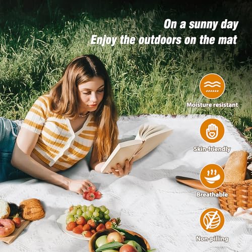 2-in-1 White Picnic Blanket, Extra-Large Waterproof Picnic Mat,Outdoor Blanket for Camping, Beach, Park,Portable Double-Layer Design (71"x71",T-Grid) - color: White-t-gird