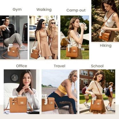 Outdoor Portable Crossbody Water Cup Purse Bag Water Bottle Carrier Bag with Phone Pocket Tumbler Carrier with Strap - color: Brown