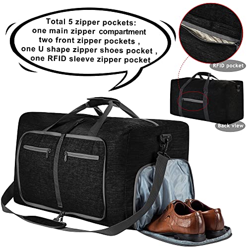 Vomgomfom 65L/85L/115L Foldable Travel Duffle Bag, Lightweight Checked Luggage with Shoe Compartment, Water-Resistant Weekender Overnight Bag for Men & Women - color: Black, size: 65L