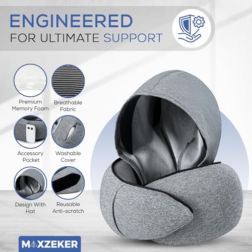 Travel Neck Pillows for Airplanes – Sleep Comfortably on Long Flights, Roadtrips, Home or Office. All-in-One Travel Sleep Kit with Hood, Eyemask and Earplugs