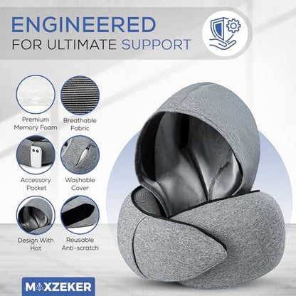 Travel Neck Pillows for Airplanes – Sleep Comfortably on Long Flights, Roadtrips, Home or Office. All-in-One Travel Sleep Kit with Hood, Eyemask and Earplugs