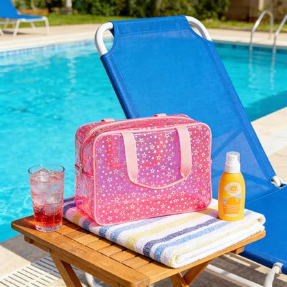 Clear Star Large Cosmetic Bag and Travel Pouch with Handle,Durable Material,Zipper Design-Ideal for Makeup,Travel Essentials (Pink+Shiny Star) - color: Pink+Shiny Star