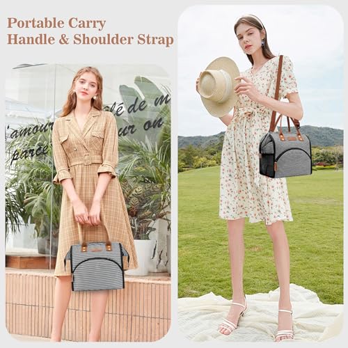 LOKASS Lunch Bag Insulated Lunch Box Wide-Open Lunch Tote Bag with Removable Shoulder Strap for Women/Men Adults Work Picnic Hiking Beach Fishing(Stripes) - color: Black&White Stripes-Straps