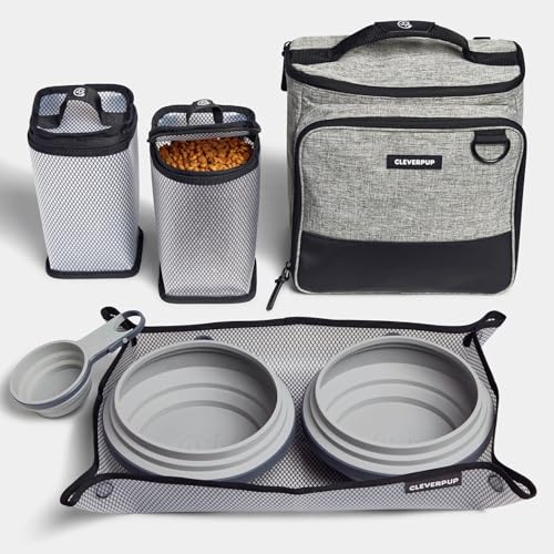 Cleverpup, Large 7-Piece Bistro Box Dog Food Travel Kit, 12-BPA-Free Cup Kibble Storage, 2 Silicone Bowls, Mat & Scoop - Portable Pet Food Kit for Weekends, Overnights, Daycare & Camping, Heather Grey - color: Heather Grey, size: Large