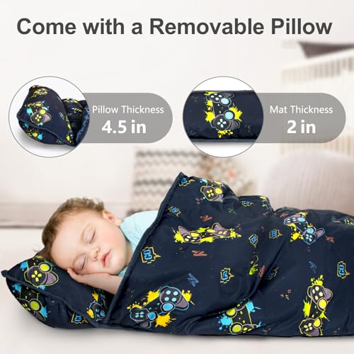 Primlect Thickened Toddler Nap Mat with Removable Pillow and Minky Blanket, Extra Large 55''x35'' Sleeping Bag, Washable, Roll up, Perfect for Daycare, Preschool, Kindergarten, Boys and Girls - color: Blue Traffic Upgraded