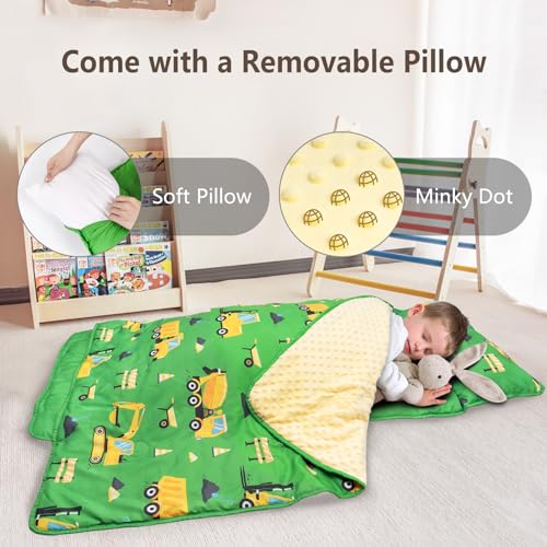 Primlect Toddler Nap Mat with Removable Pillow and Fleece Blanket, Extra Large 55''x35'' Sleeping Bag, Washable, Light, Easy to Roll up, Perfect for Daycare, Preschool, Kindergarten, Travel - color: Green Car