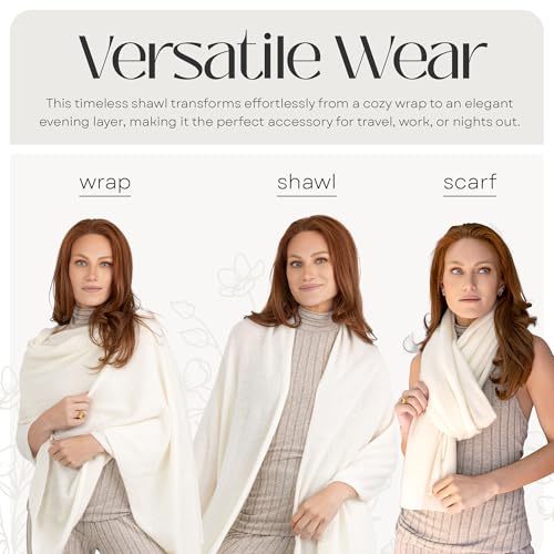 Velanio Cashmere 100% Cashmere Knitted Wrap Pashmina Shawl Extra Large Scarf Stole for Women Travel - color: White