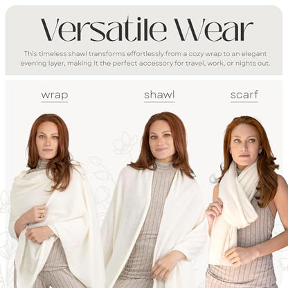 Velanio Cashmere 100% Cashmere Knitted Wrap Pashmina Shawl Extra Large Scarf Stole for Women Travel - color: White